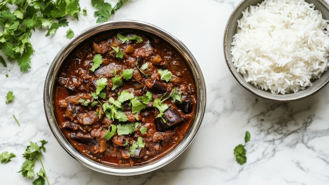 Curry de berenjena y leche de coco con arroz basmati
