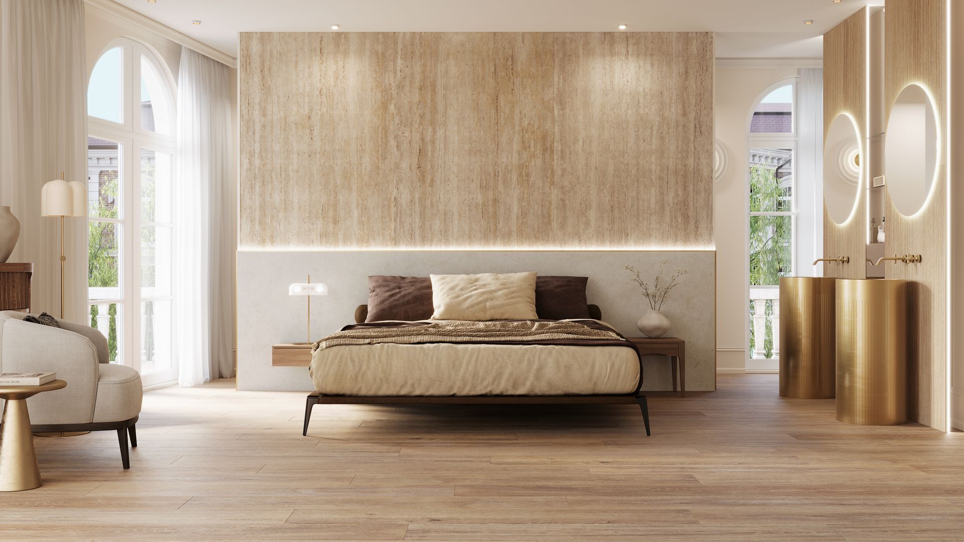 Una cabecera que se inspira en texturas naturales otorga una personalidad minimalista, juvenil y sofisticada a la habitación. 