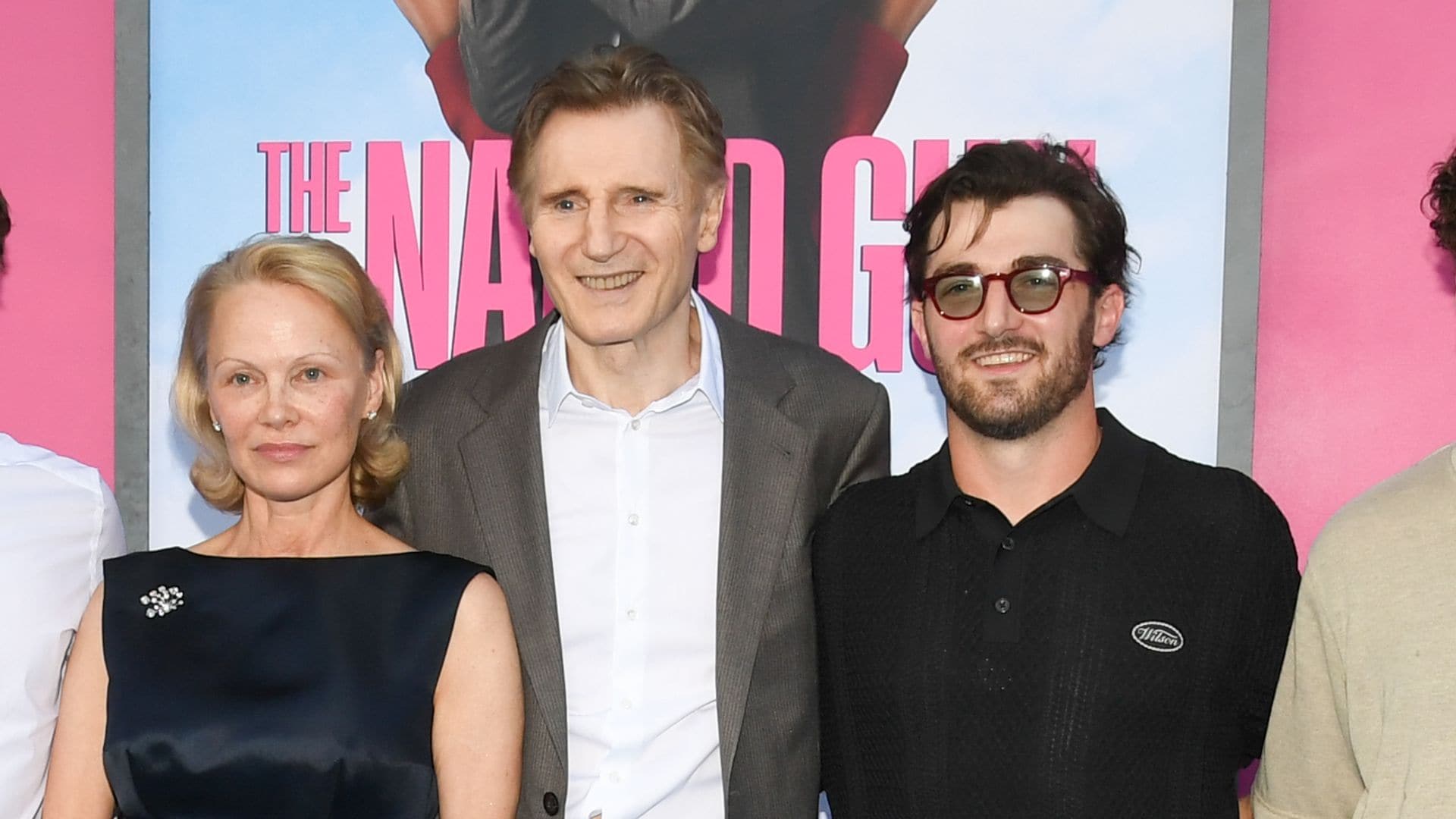 Dylan Jagger Lee, Brandon Thomas Lee, Pamela Anderson, Liam Neeson, Daniel Neeson, MicheÃ¡l Neeson at "The Naked Gun" New York Premiere on July 28, 2025 in New York, New York. (Photo by Kristina Bumphrey/Variety via Getty Images)