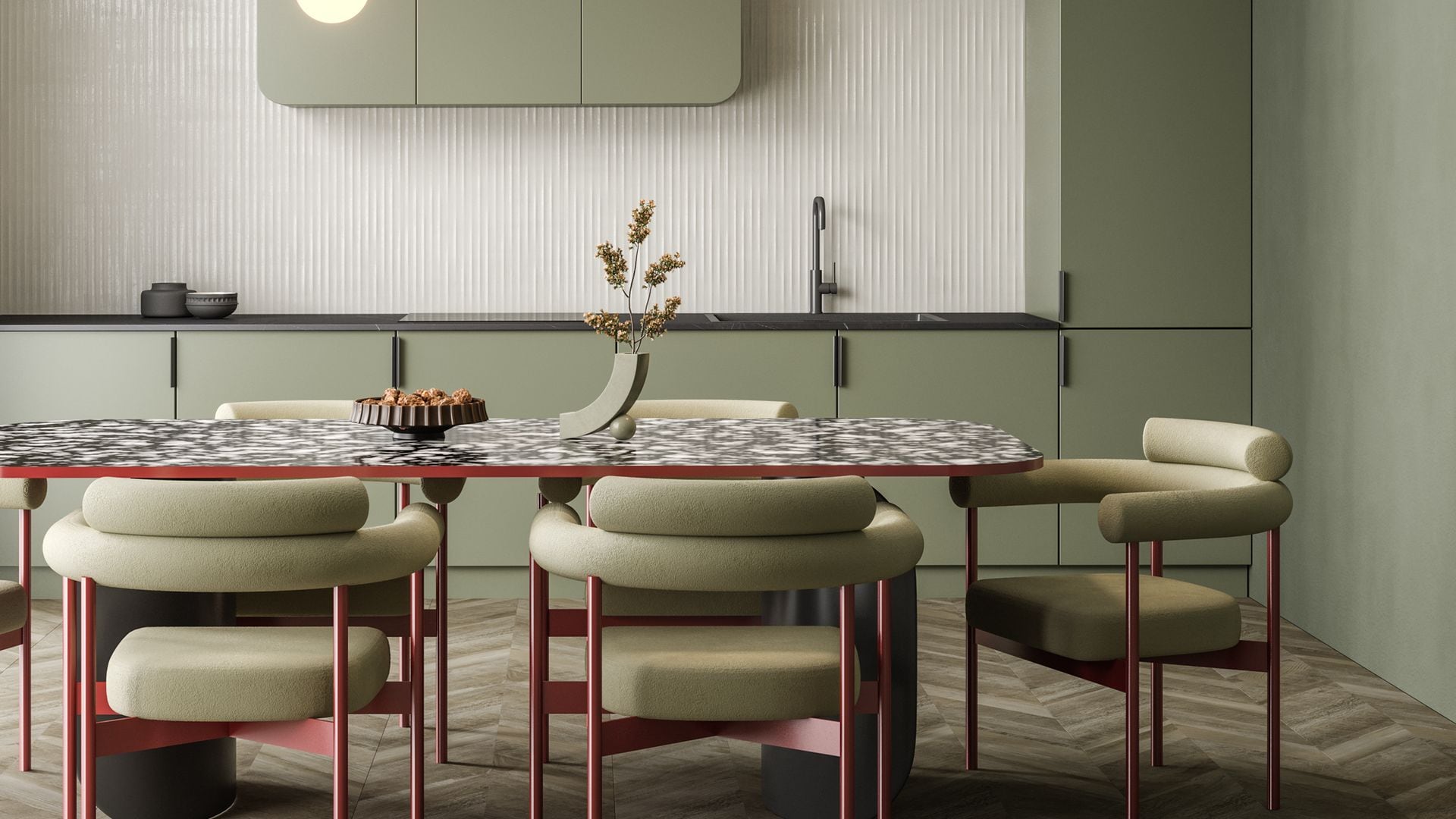 Comedor con cocina abierta y cerámica en pared y suelo