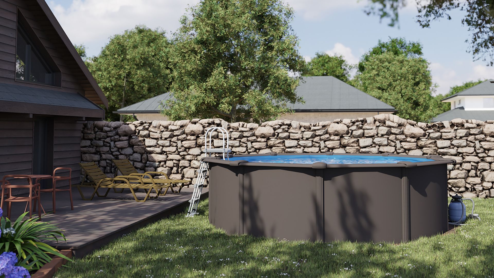 Piscina desmontable de acero en casa con jardín y valla de piedra