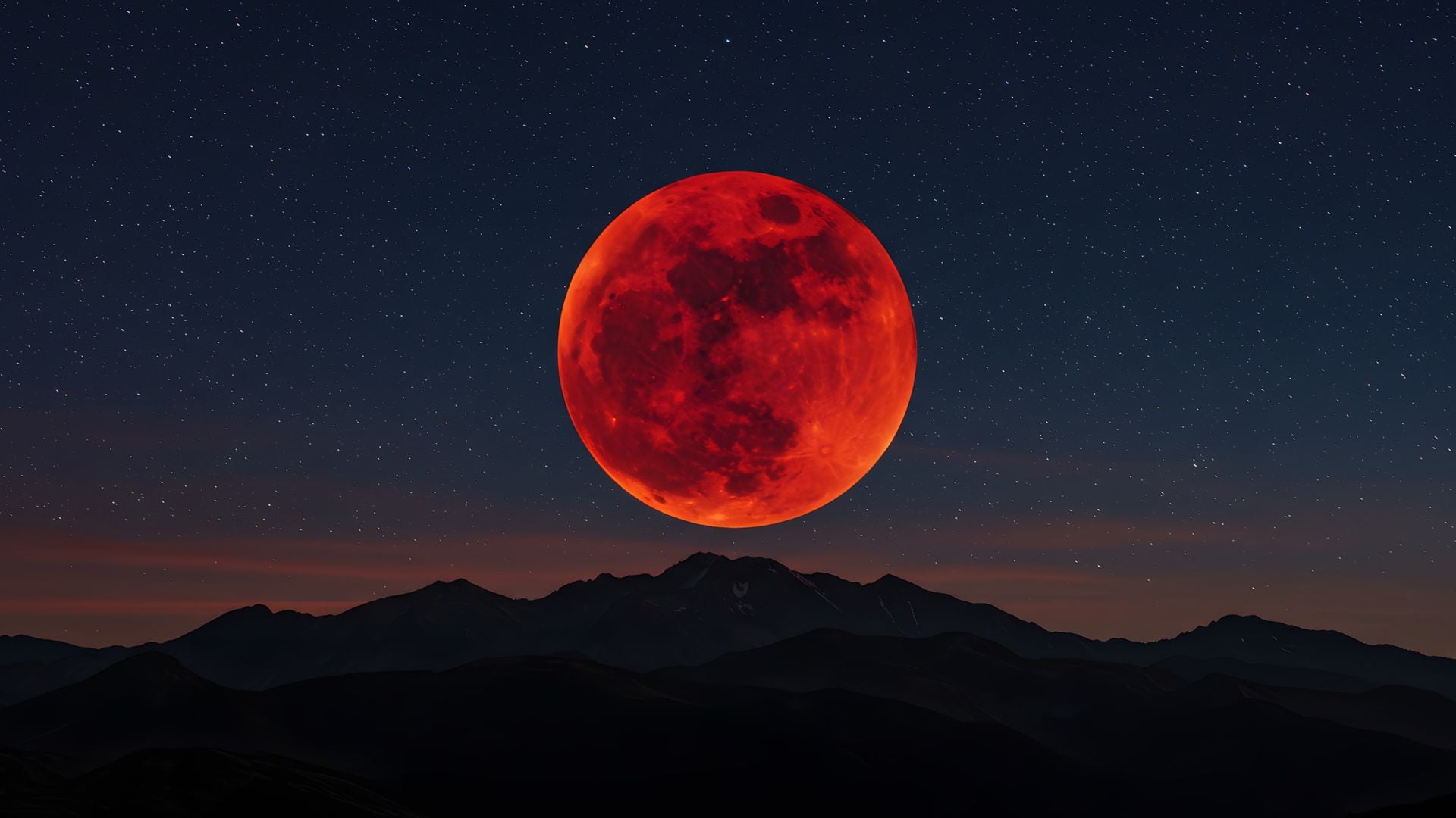 Cordillera silueteada bajo el cielo de un eclipse lunar total