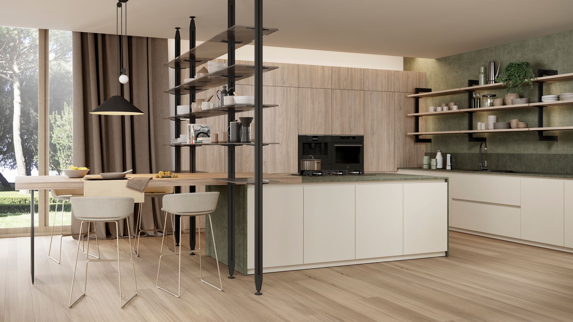 Cocina con office,, estantería abierta a modo de tabique, suelo de madera, muebles blancos y de madera, ventanal con salida al jardín