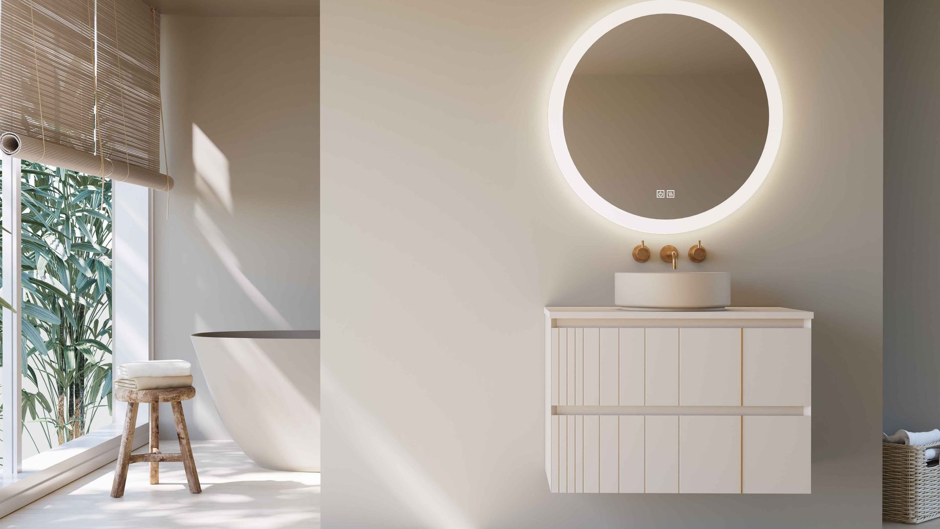 Baño con bañera exenta, taburete, mueble de baño suspendido, espejo redondo retroiluminado, lavabo sobre encimera, estores de fibras de madera