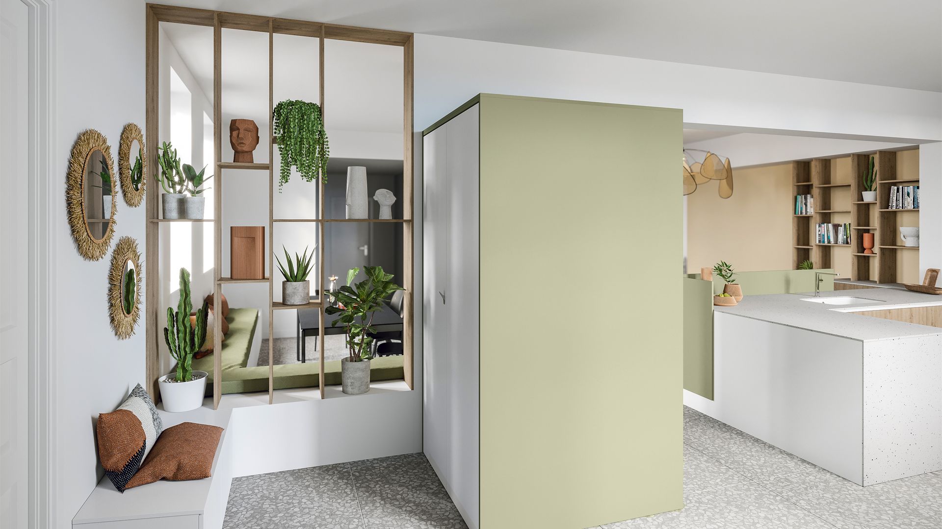 Recibidor abierto con estantería como elemento divisorio, armario, banco 