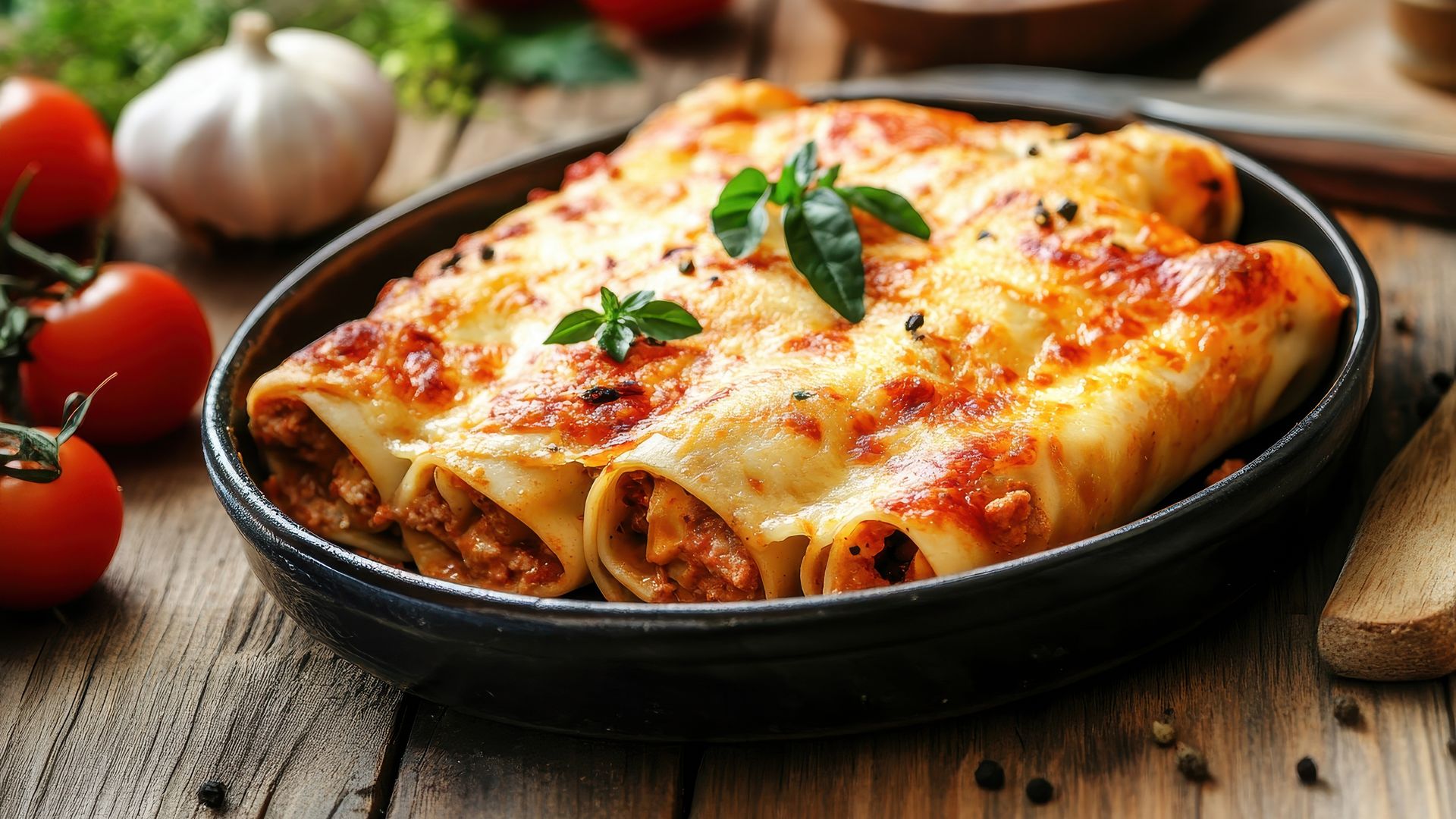 Canelones rellenos de carne con tomate y queso rallado