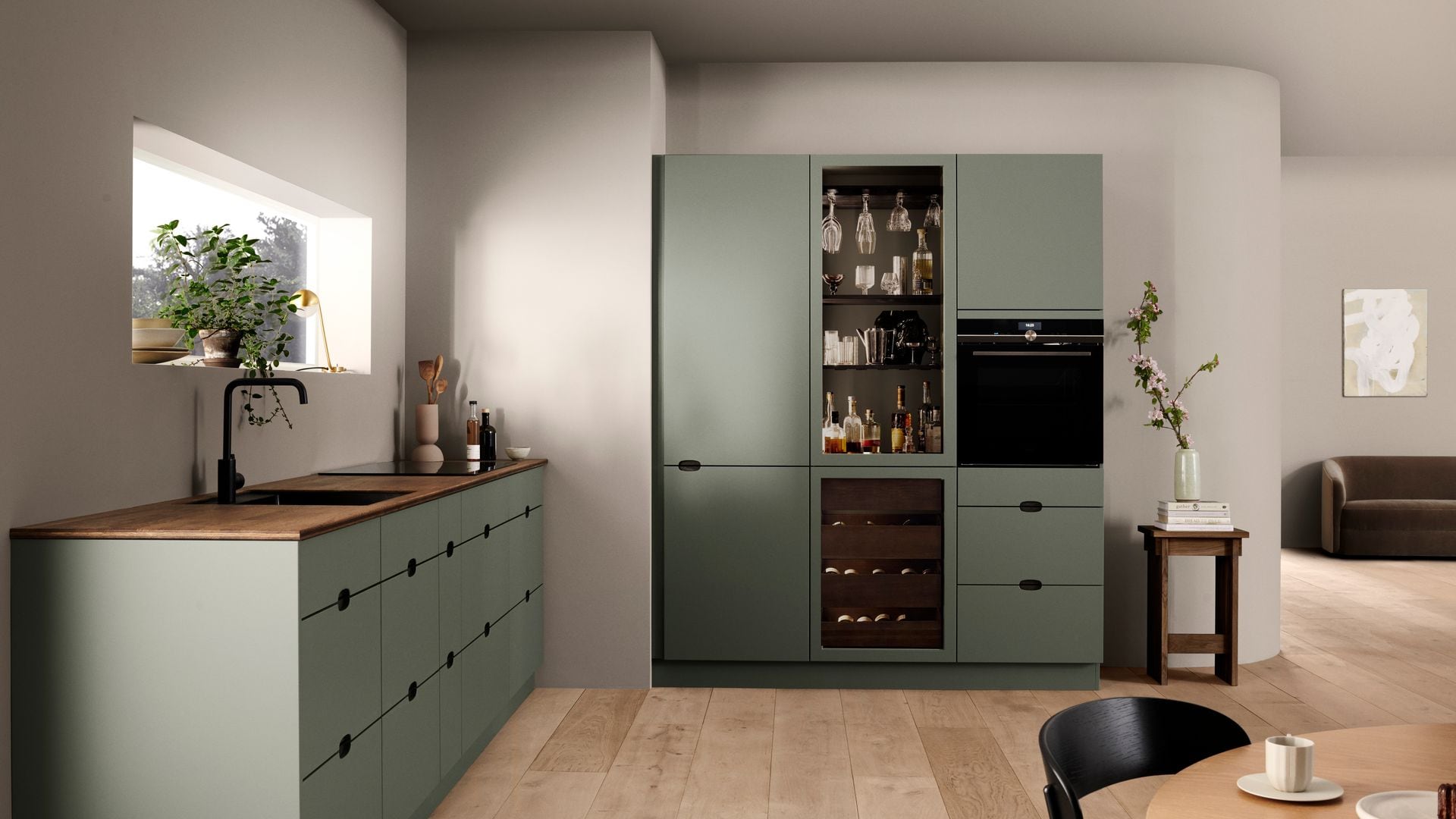 Cocina con vinoteca y rincón de bar