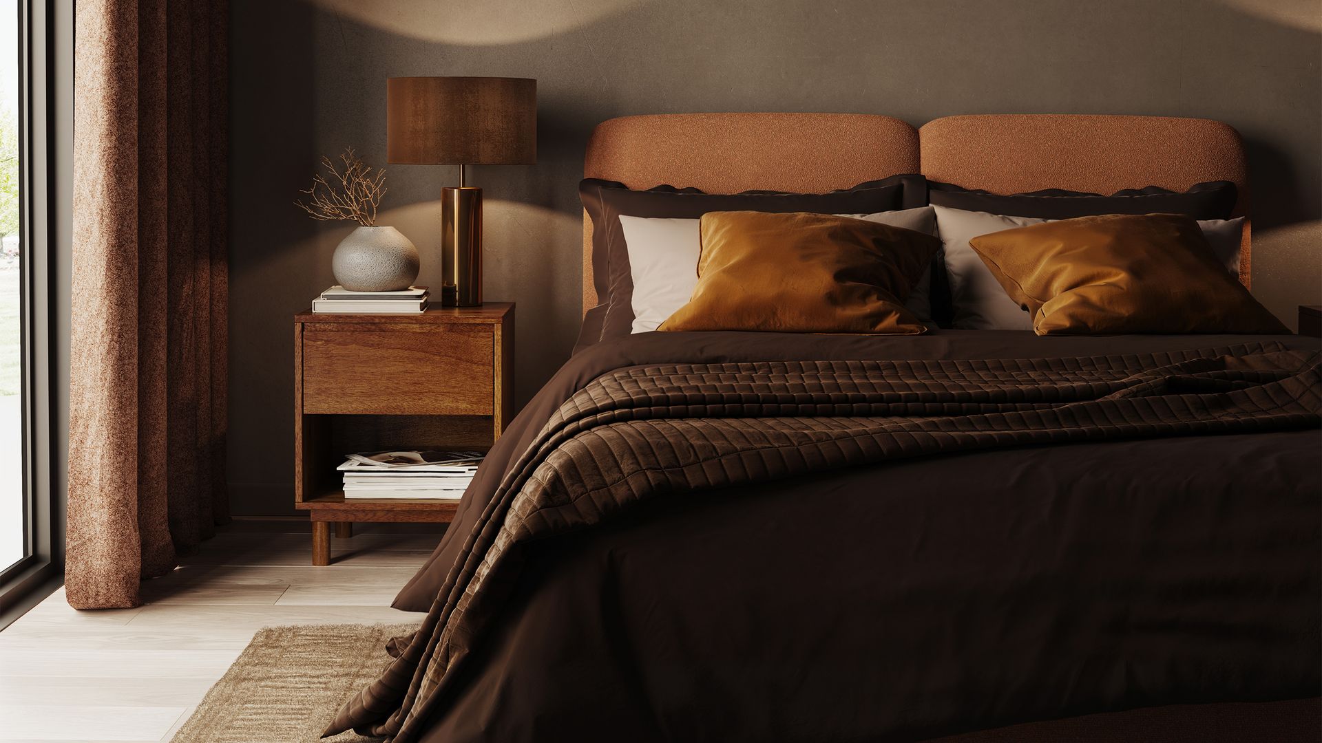 Dormitorio en tonos marrones