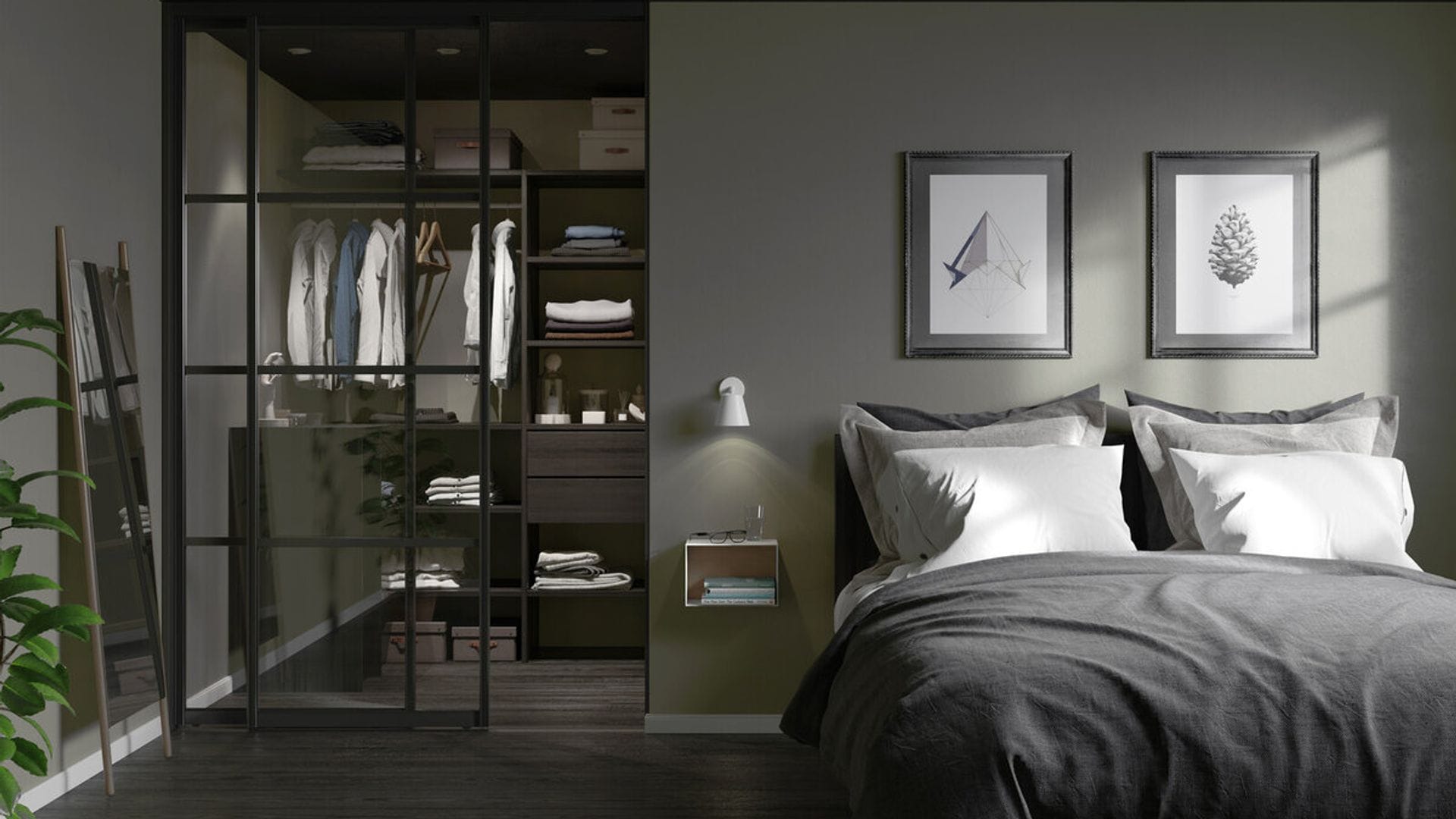 Dormitorio en tonos grises con vestidor incluido, separado de la cama con puerta corredera de de cristal con cuarterones negros, cuadros en la pared del cabecero