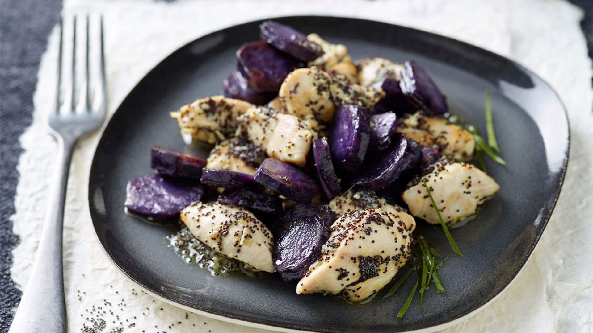 Pollo al jengibre con patata morada