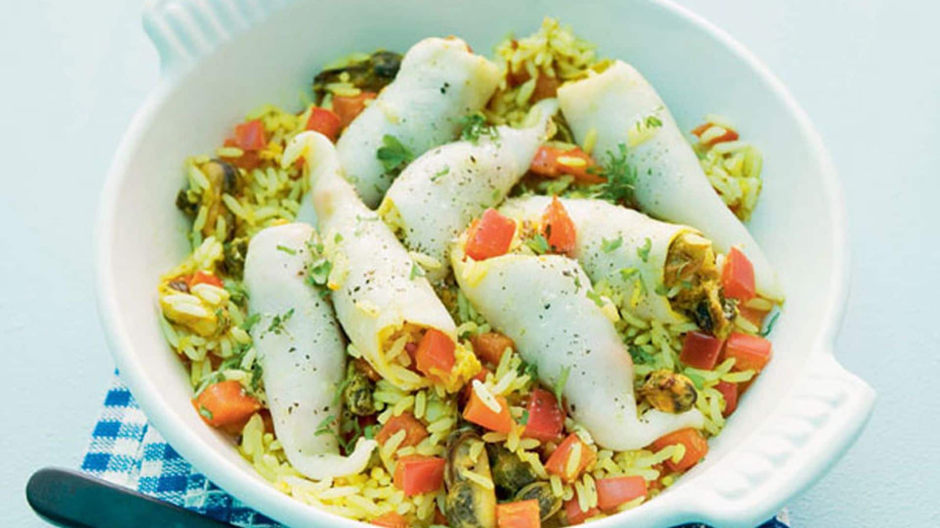 Arroz basmati con chipirones rellenos de mejillones