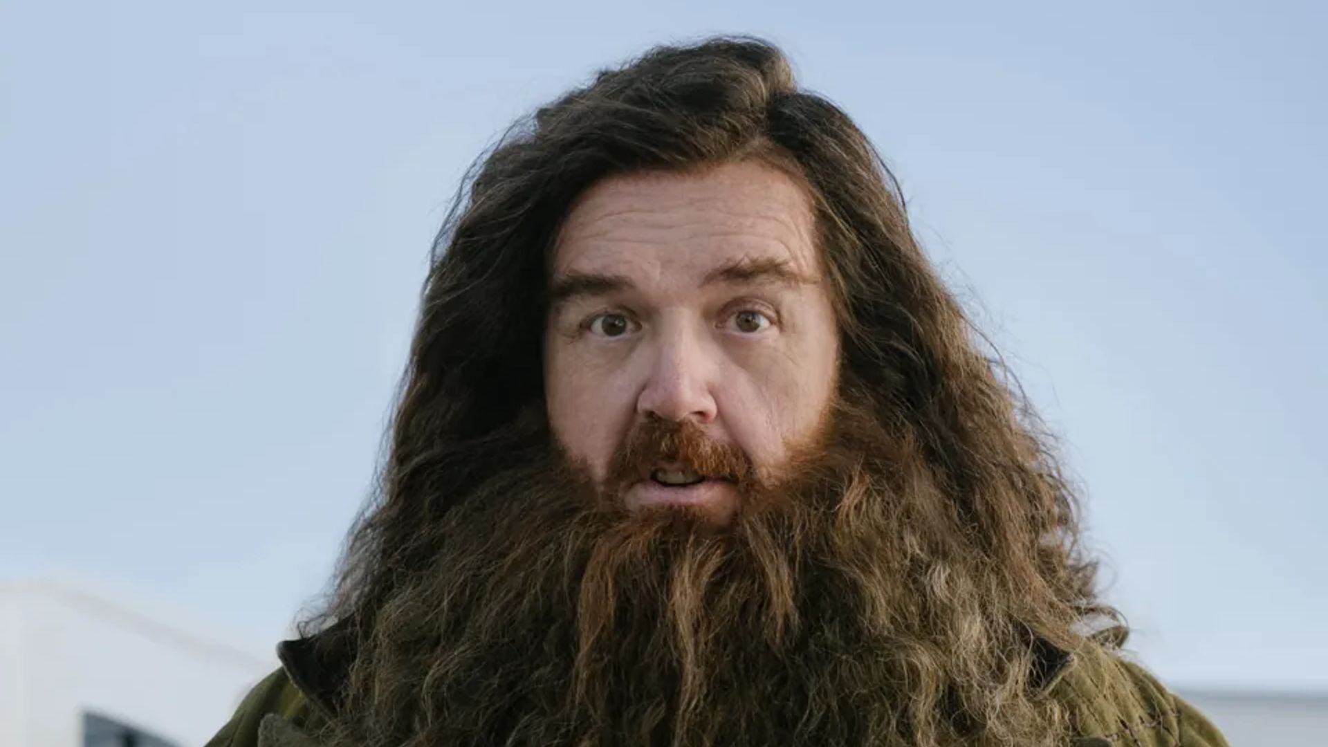 Nick Frost caracterizado como el entrañable Rubeus Hagrid