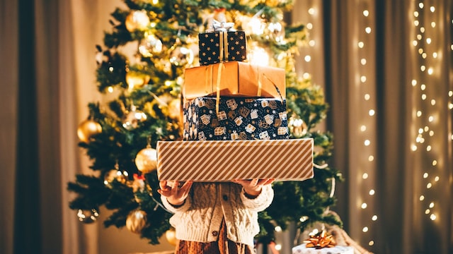 Niña sujetando regalos por Navidad con un árbol de Navidad por detrás en tonos dorados, marrones y azules