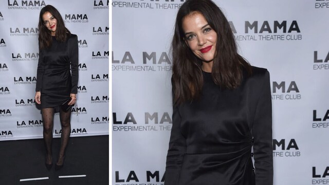 katie holmes usando un mini vestido negro