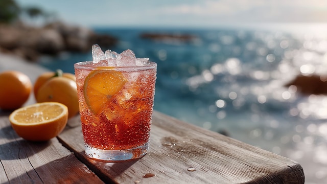Cóctel de aperol frente al mar
