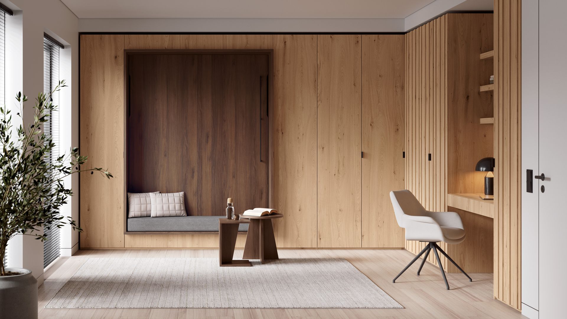 Dormitorio con estructura a medida de madera con armarios, baldas, zona de escritorio, hueco con banco, alfombra y silla de oficina 