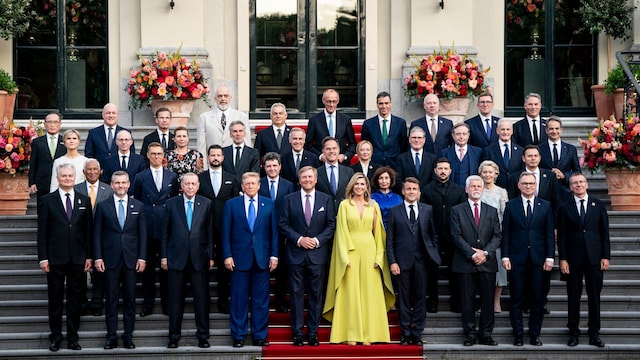 NATO country leader, Turkey's President Recep Tayyip Erdogan (3rdL), US President Donald Trump (4thL), France's President Emmanuel Macron (4thR), NATO Secretary General Mark Rutte  (Rear C) pose with King Willem-Alexander (C-L) and Queen Maxima (C-R) of the Netherlands for a family photo as they attend a social dinner at the 'Huis ten Bosch' Royal Palace during a North Atlantic Treaty Organization (NATO) Heads of State and Government summit in The Hague, on June 24, 2025. NATO leaders hold a two-day summit on June 24 and 25 in The Hague. (Photo by Haiyun Jiang / POOL / AFP) (Photo by HAIYUN JIANG/POOL/AFP via Getty Images)          