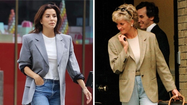 Eva Longoria y Lady Di lucen Jeans con top básico y blazer 