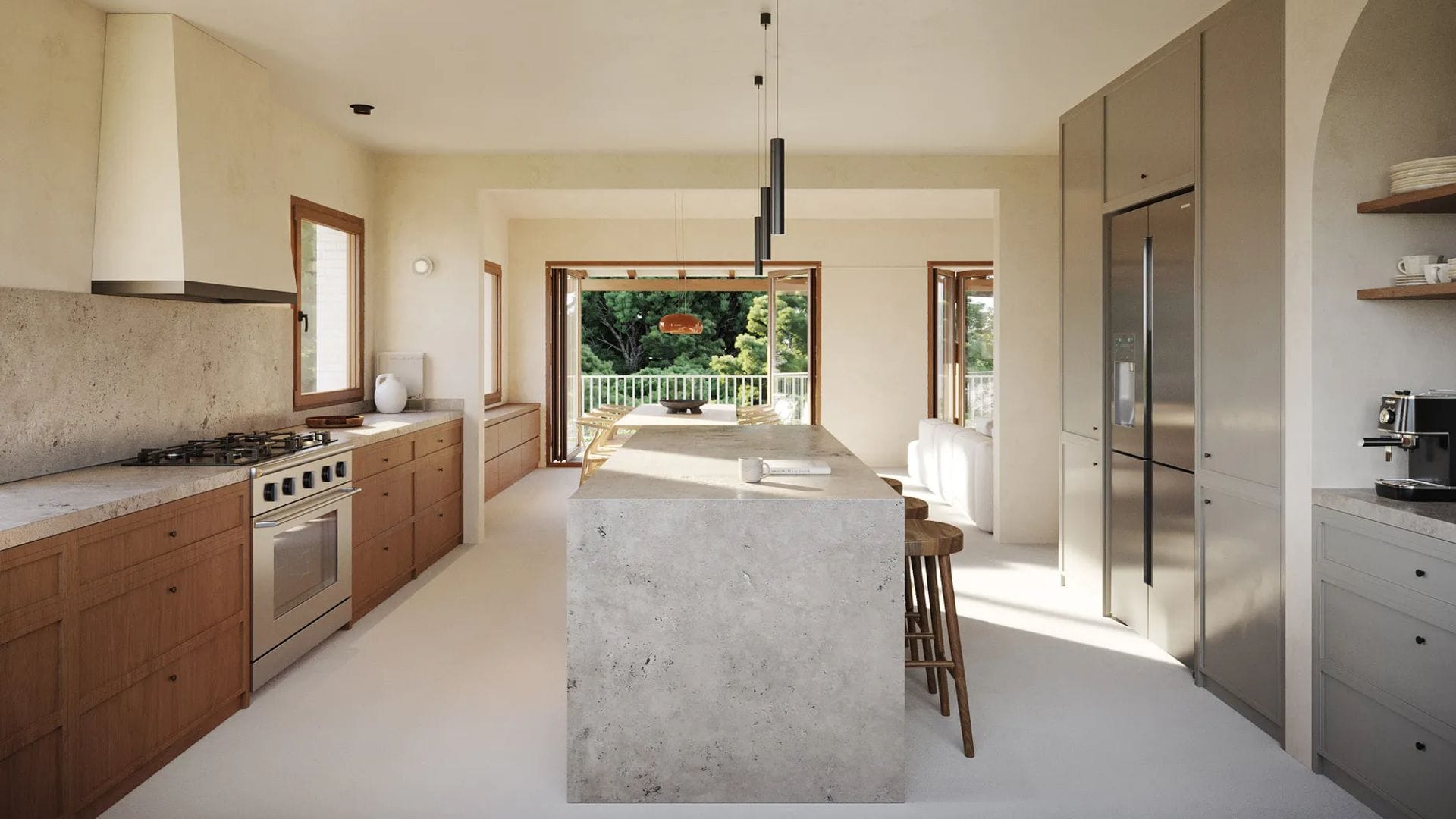Cocina con gran isla central con salida a la terraza, electrodomésticos de acero inoxidable, muebles de cocina de madera, campana de obra y taburetes de madera 