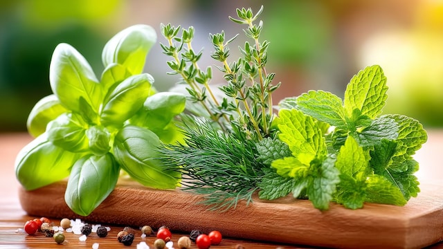 Hierbas aromática frescas: albahaca, tomillo, menta y eneldo.