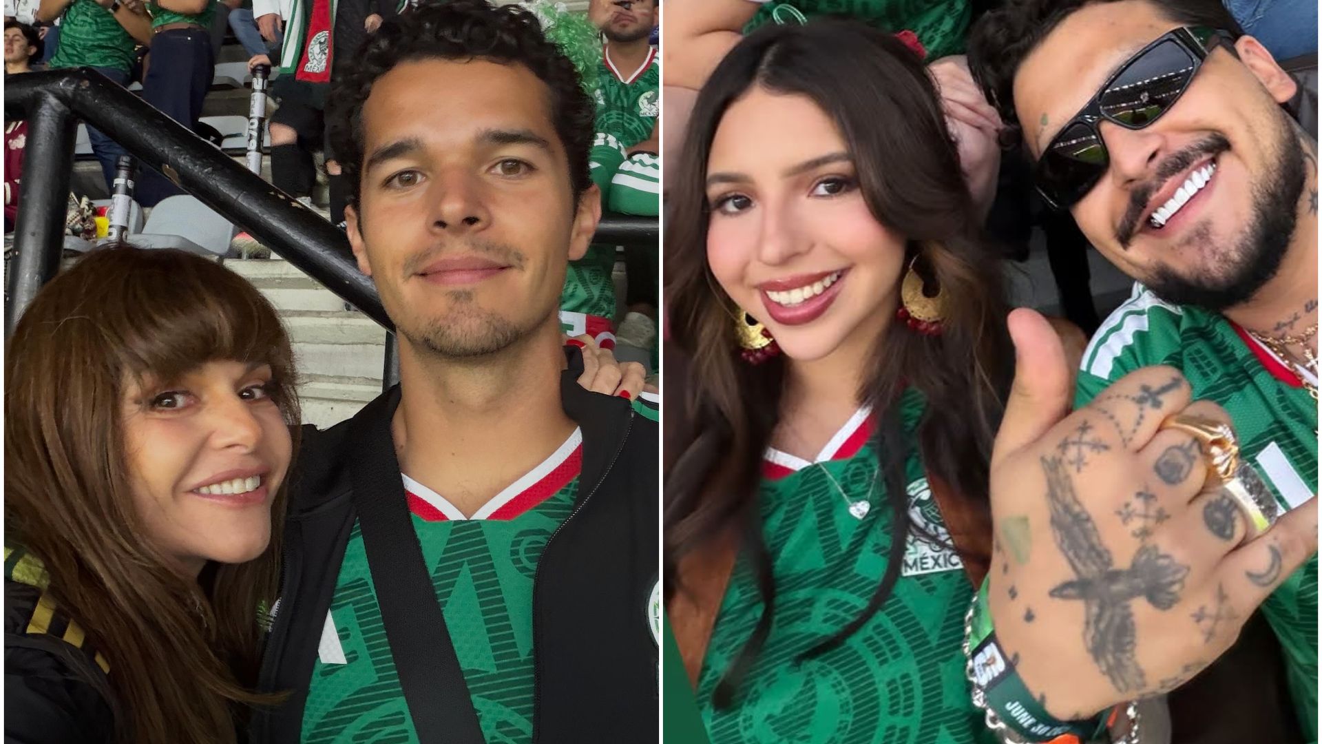 Itatí Cantoral y su hijo Roberto, Ángela Aguilar y Christian Nodal en el juego de México vs Ecuador.  