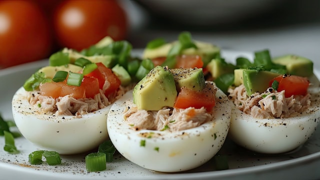 Huevos rellenos de atún con aguacate