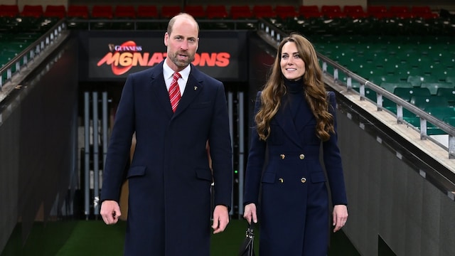 William, Prince of Wales and Catherine, Princess of Wales leave the stadium following the Guinness Six Nations 2025 match between Wales and England at Principality Stadium on March 15, 2025 in Cardiff, Wales. 