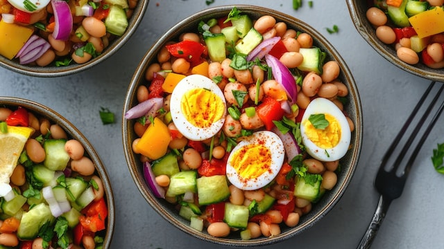 Ensalada de alubias con huevo cocido y verduras