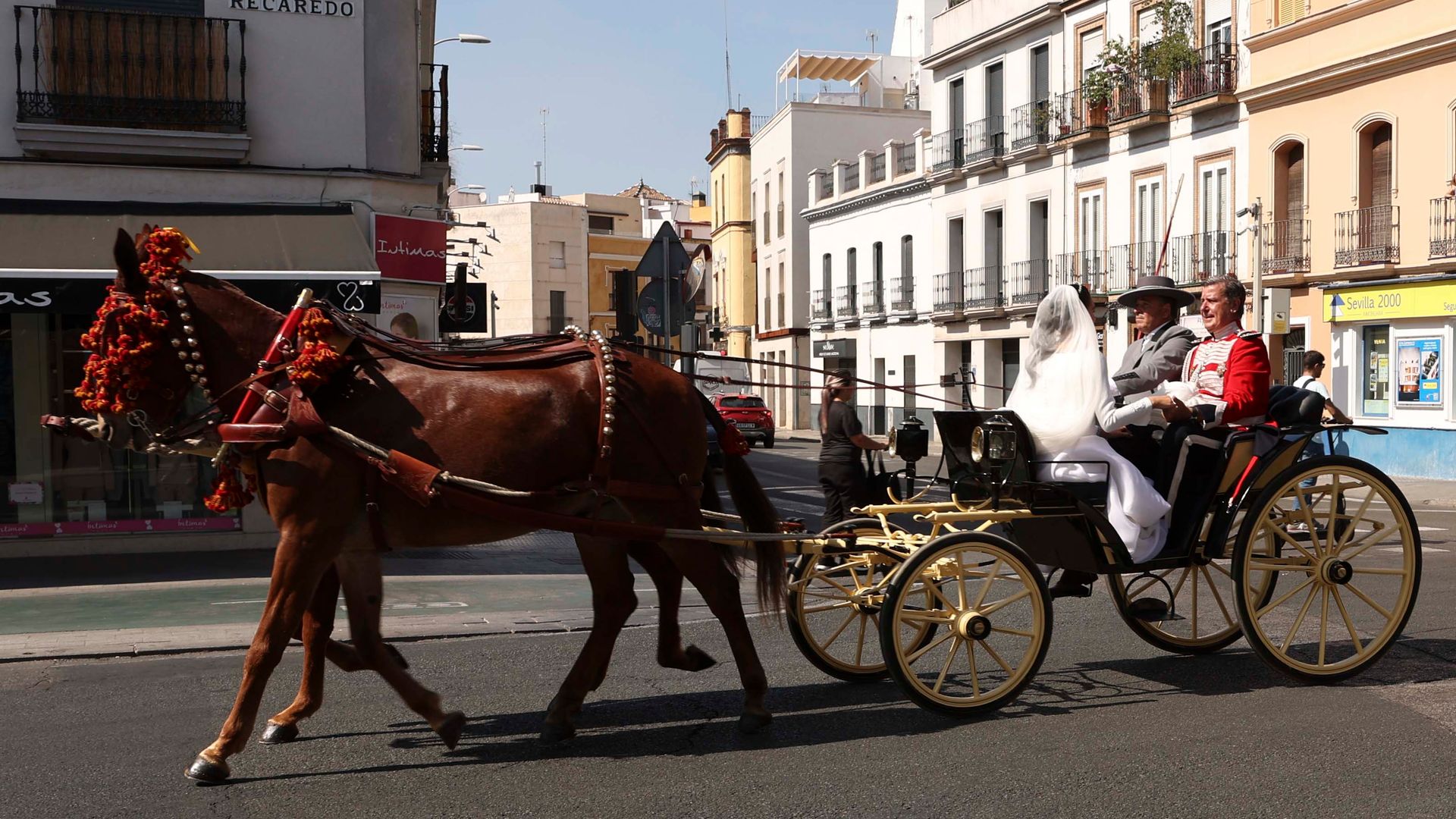 Los novios subidos en "la Duquesita", un carruaje de caballos de la familia, con la que hicieron un pequeño recorrido por las calles de Sevilla