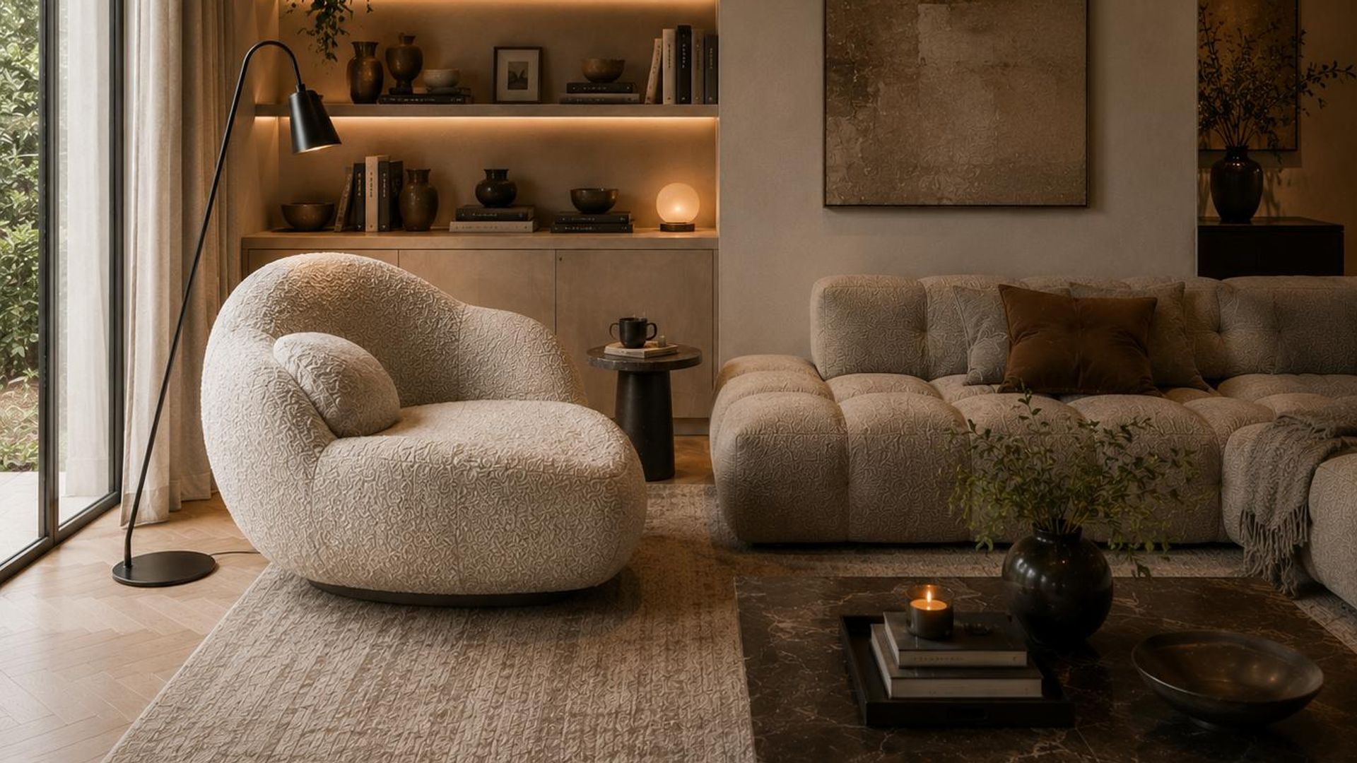 Salón con rincón de lectura, con butaca cómoda, lámpara de pie y estantería de obra