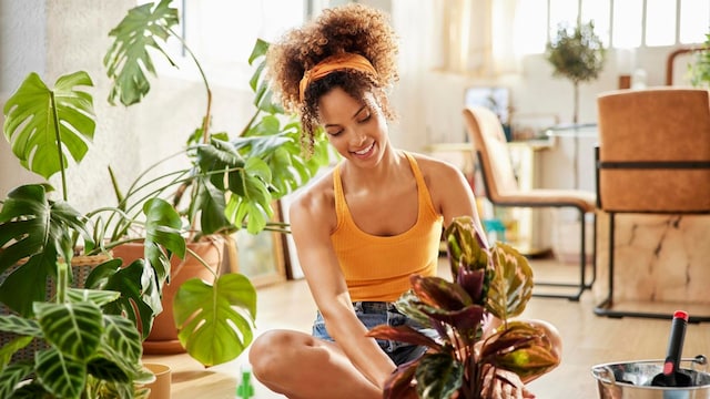 mujer con plantas en casa