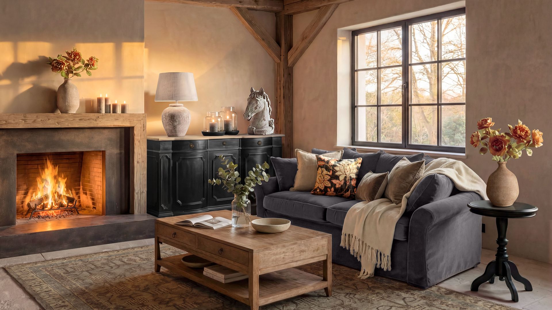 Salón con chimenea encendida, sofá gris, mesa de centro de madera cojines y mantas, jarrones