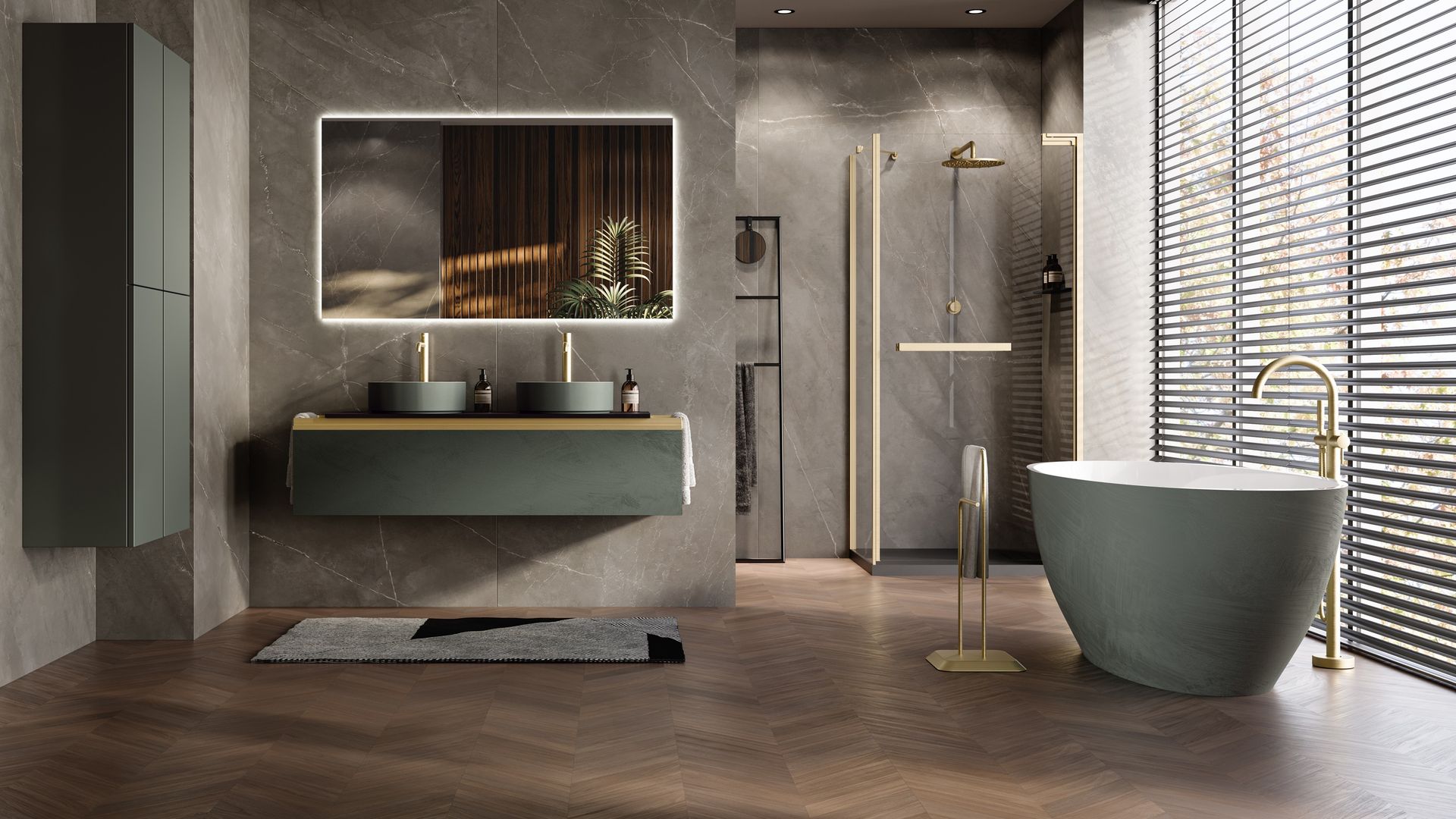 Baño con ducha y bañera exenta de color verde, a juego con el mueble suspendido y el armario también volado, espejo, estores de lamas, grifería empotrada en el suelo 