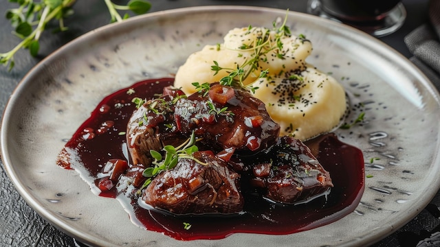 Carrilleras de cerdo en salsa con puré de patata