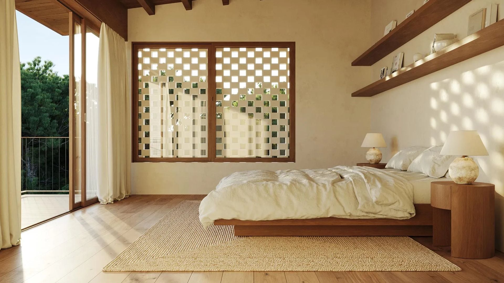 Dormitorio con techo de madera, techo de madera, salida a terraza, suelo de madera, cama con ropa blanca, alfombra de fibras vegetales, estanterías de madera sobre la pared del cabecero