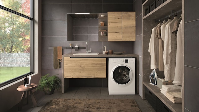 Lavadero en el baño con lavadora, barra para la ropa, plancha, cajas, gran ventanal
