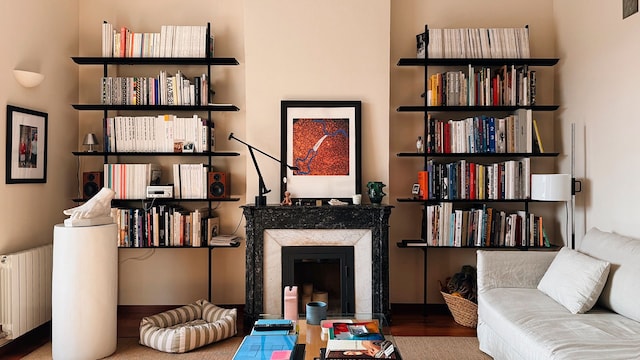 Salón con chimenea y librerías a ambos lados llenos de libros, sofá blanco, mesa de centro con el sobre de cristal y 'coffee table books'