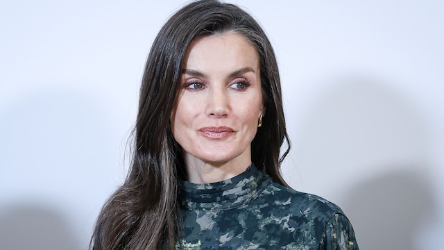 Rostro de la reina Letizia con pelo suelto y vestido de cuello alto estampado