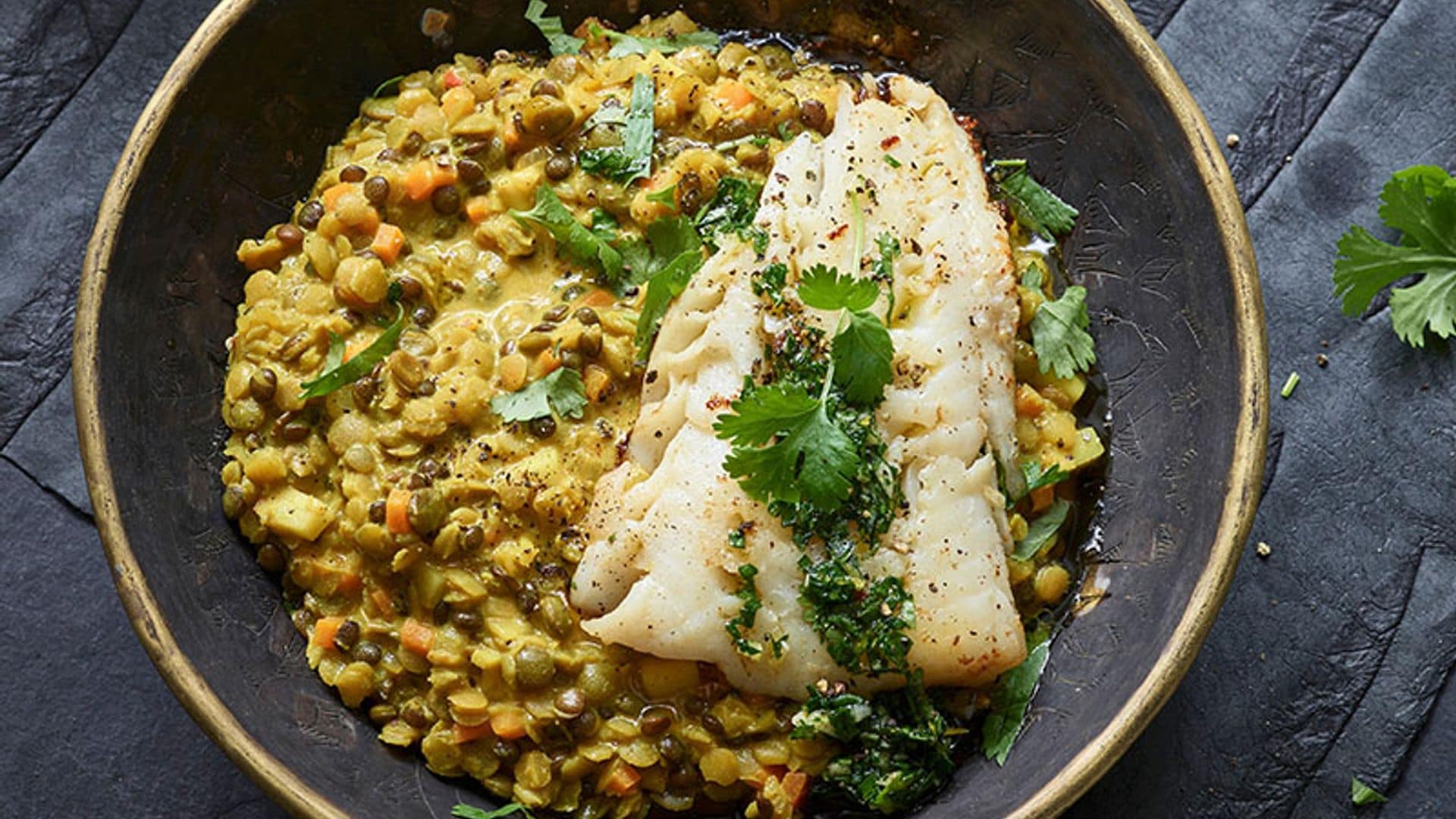 Bacalao con curry de lentejas