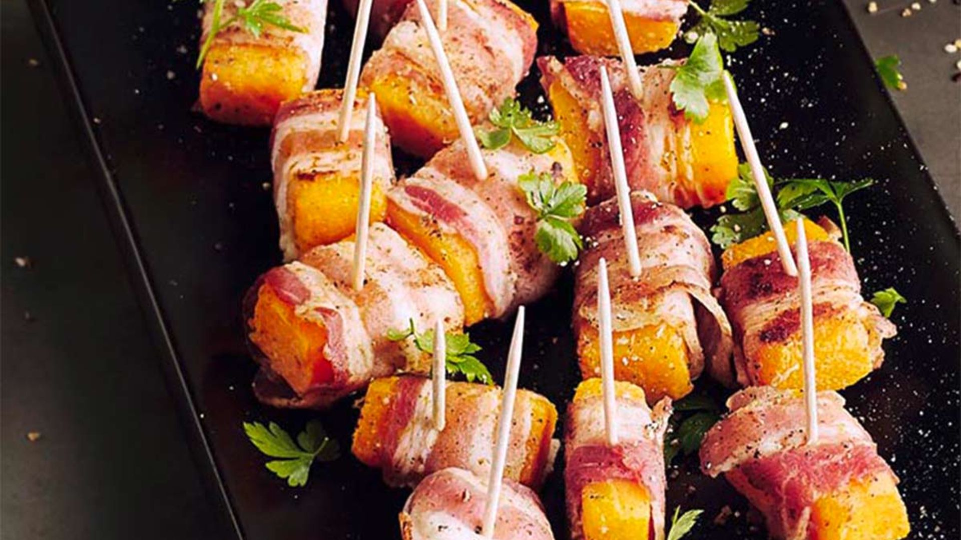 Brochetas de calabaza y panceta