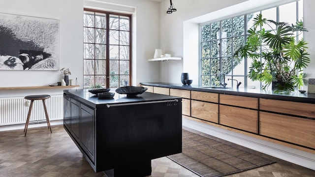 Cocina con isla negra, salida exterior, suelo de madera, alfombra, muebles de madera con encimera negra, planta, barra de desayunos y cuadro en la pared