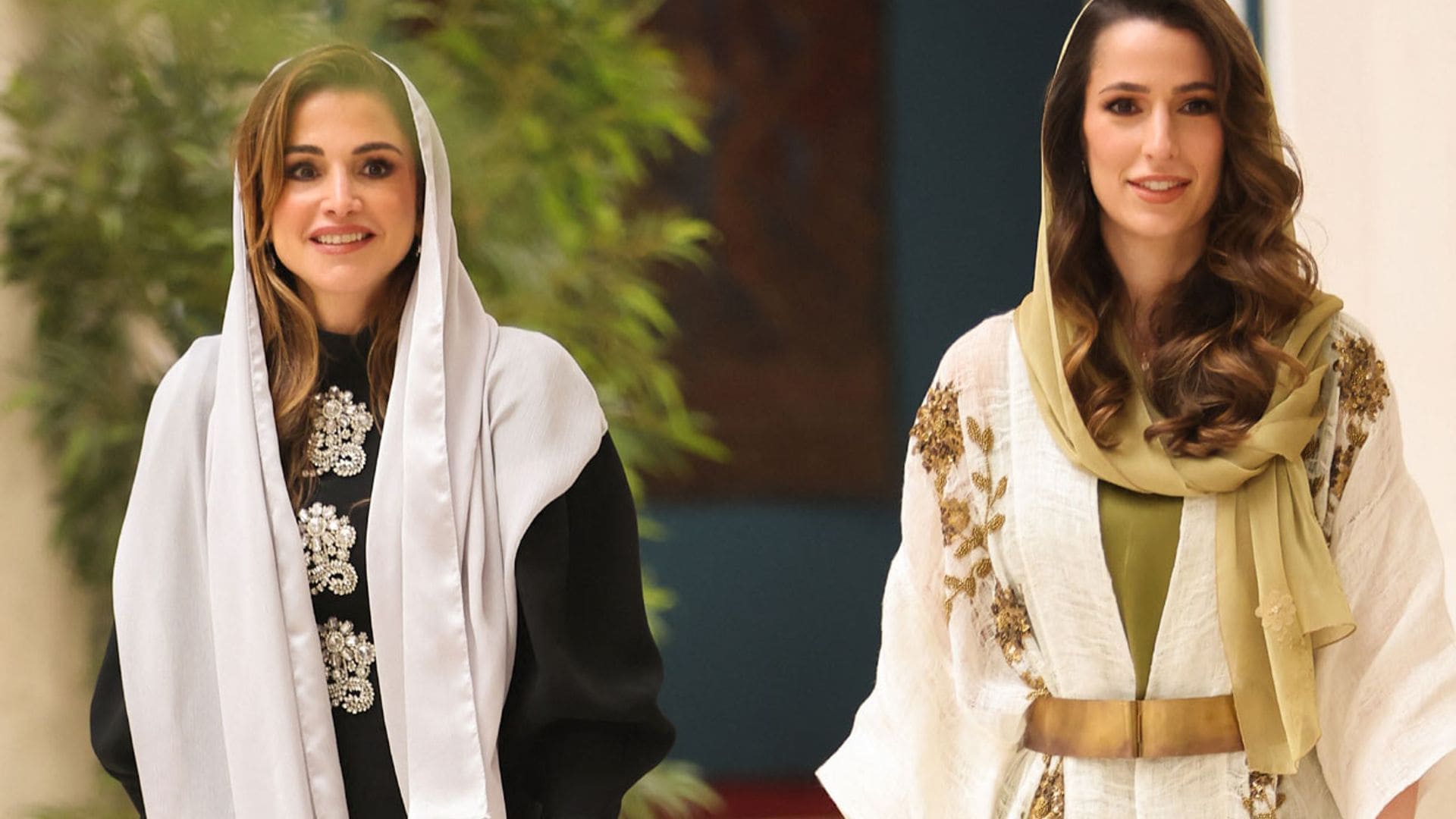 Rania de Jordania y su futura nuera: unidas por un cinturón, pendientes 'plumaje' y el mismo look de invitada