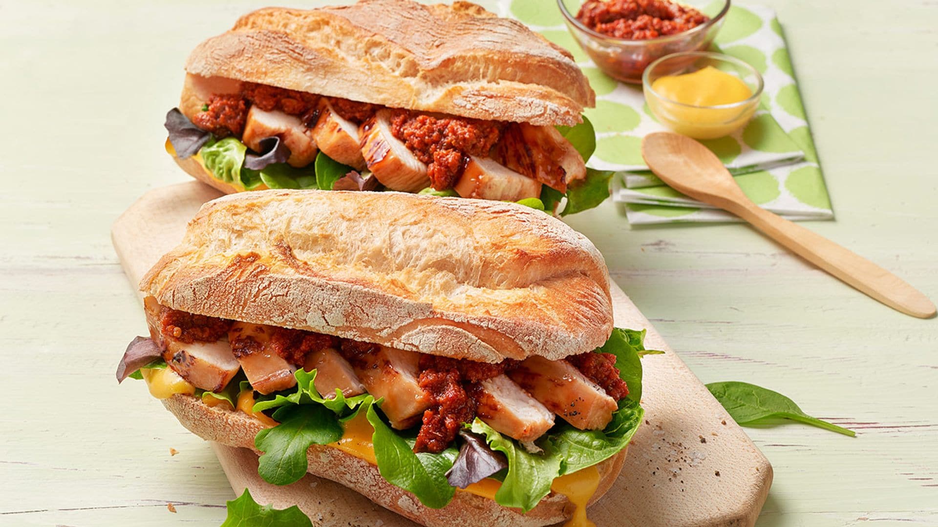 Bocadillo de pollo con pesto rojo y salsa de 'cheddar'