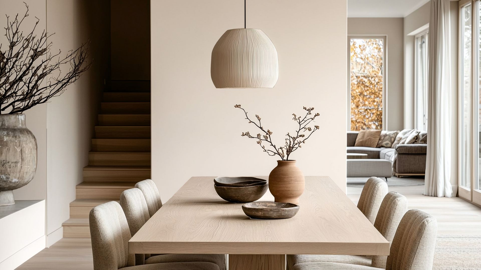 Comedor en tonos tierra, con mesa de madera, sillas tapizadas, lámpara de techo, jarrones y adornos 
