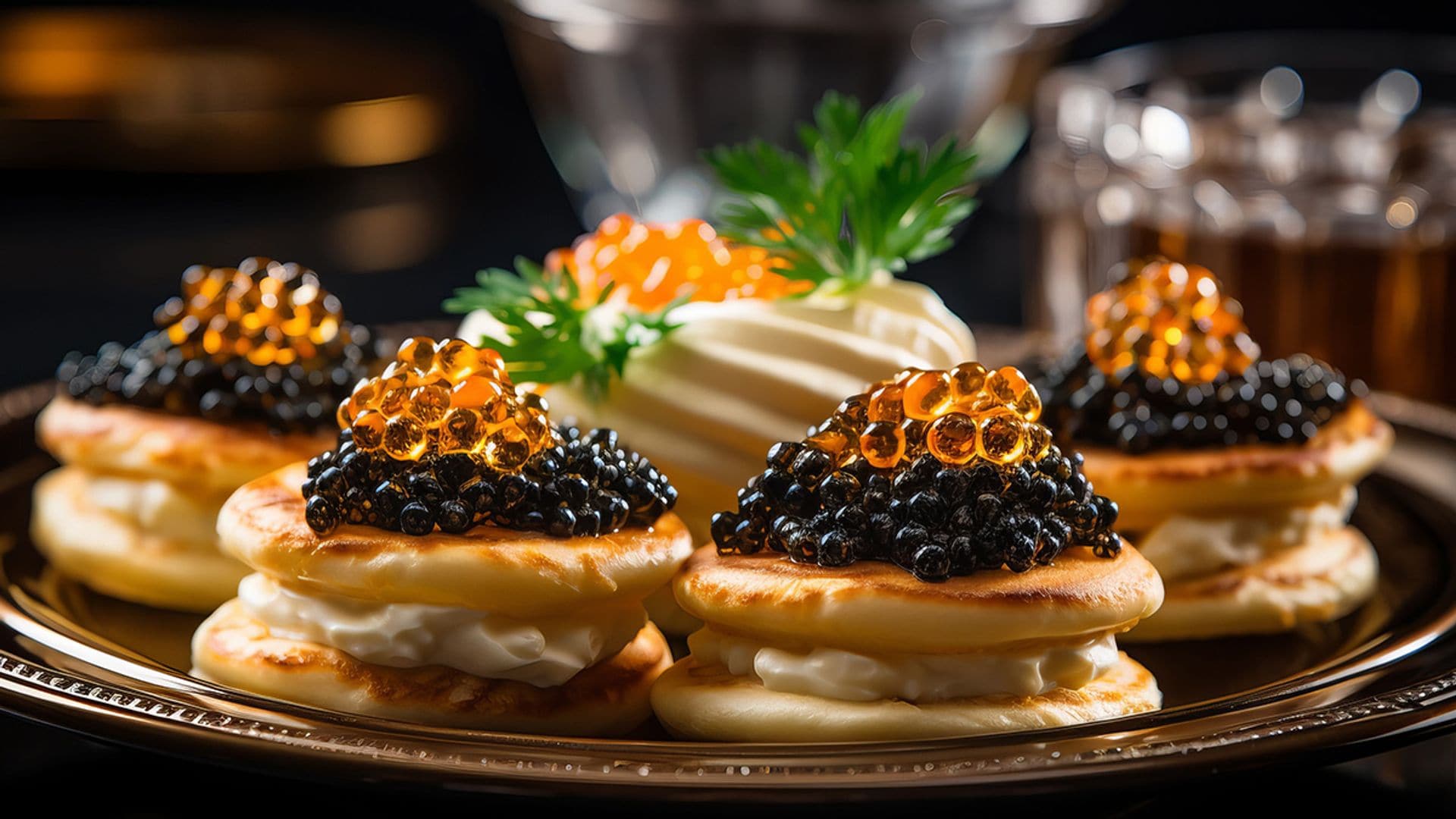 Blinis con queso crema y huevas