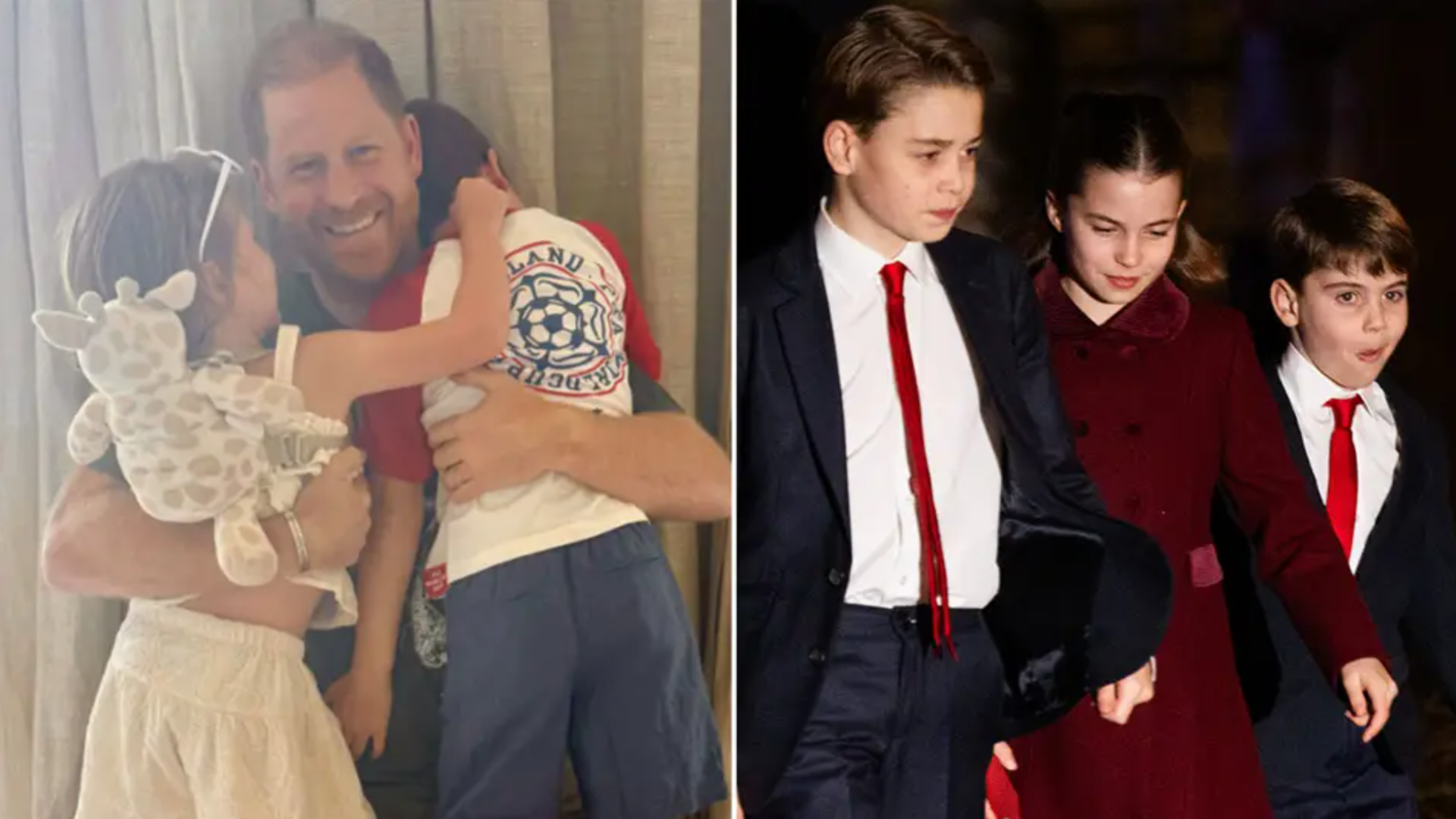 A la izquierda, el príncipe Harry con sus hijos. A la derecha, los tres hijos del príncipe Guillermo