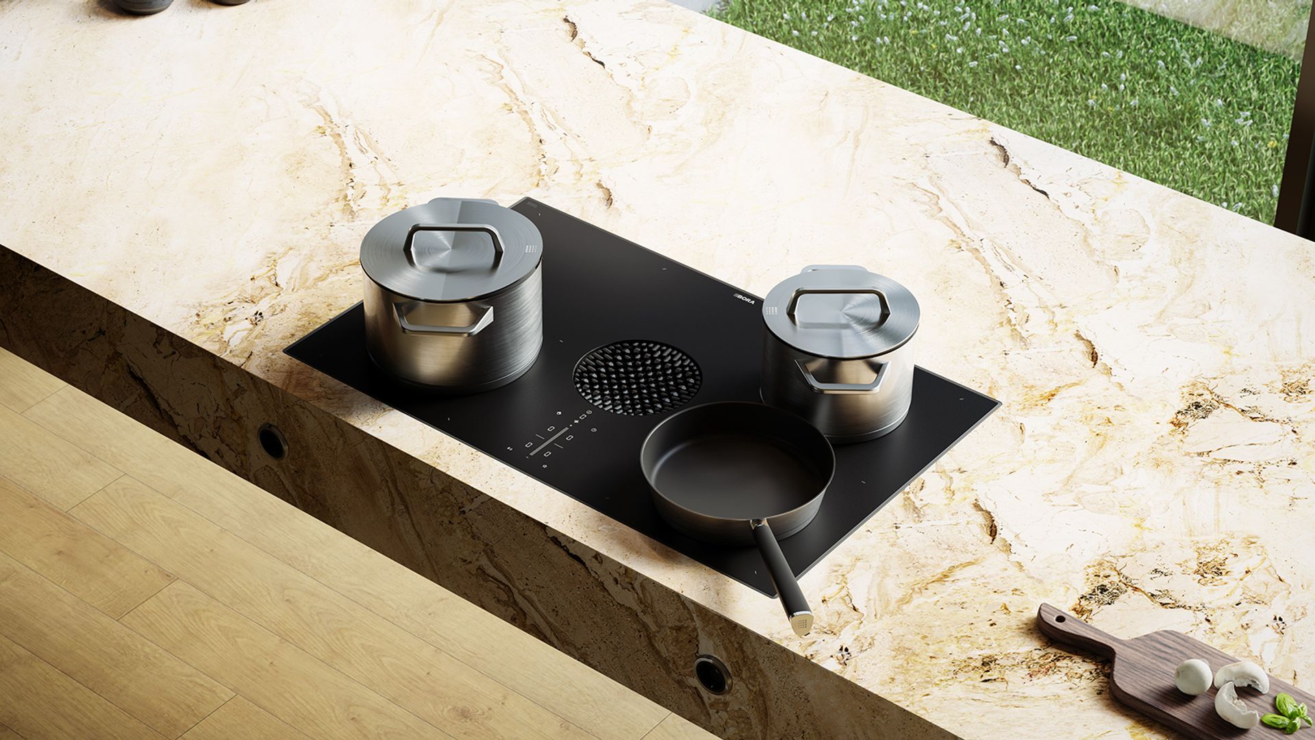 Encimera de cocina con placa con campana integrada