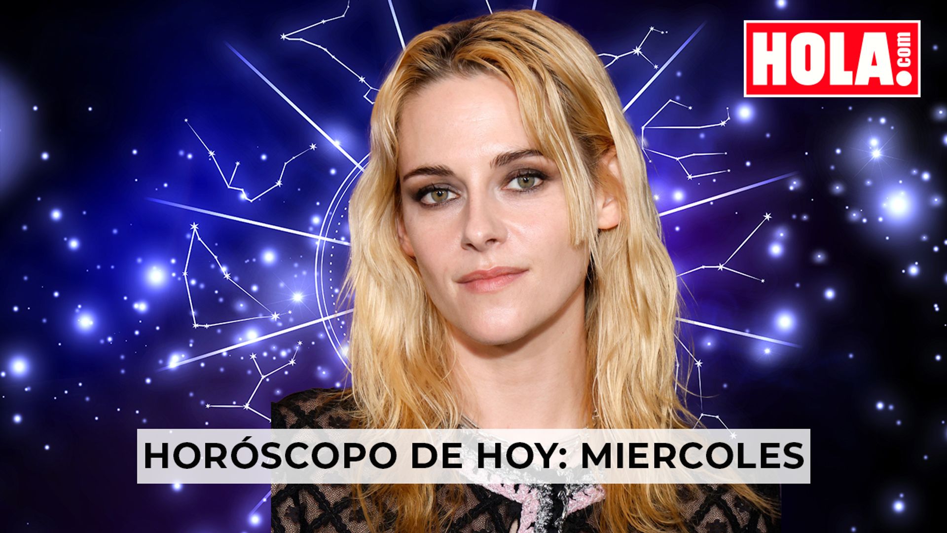 Kristen-Stewart en primer plano, de fondo las constelaciones del zodiaco