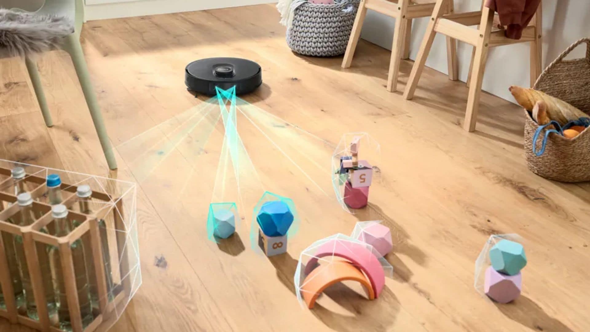 Robot aspirador de Bosch gama Spotless haciendo un mapeo de una habitación de juegos, con juguetes de por medio.