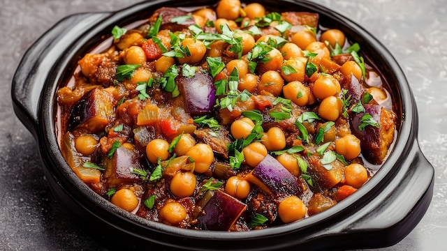 Guiso de garbanzos con berenjena y otros vegetales 